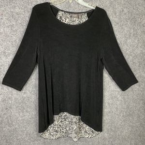Chicos Travelers Tunic Top Women M Black With B&W Animal Print  Back 3/4 Sleeve